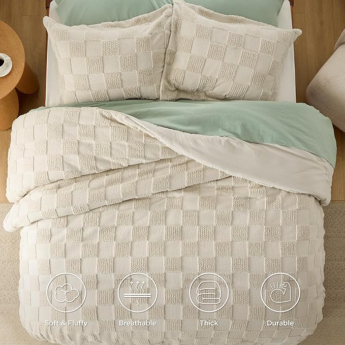 Bedsure King Size Comforter Set Mineral Blue, Boho Tufted Bed Set, Checkered Farmhouse Shabby Chic Bedding, 3 Pieces, 1 Plaid Geometric Comforter and 2 Pillow Shams