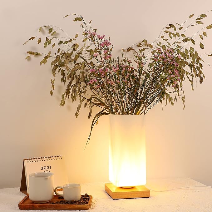 Vase Lamp Table Lamp Dimmable 3 Colors Vase Table Lamp USB Charge Bedside Lamp Frosted Glass Shade with Wood Base