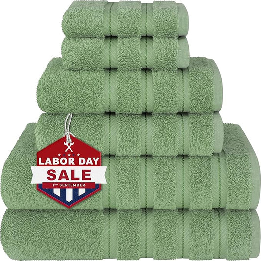 American Soft Linen Luxury 6 Piece Towel Set, 2 Bath Towels 2 Hand Towel 2 Washcloths, 600 GSM 100% Cotton Turkish Towels for Bathroom, Sage Green Towel Sets