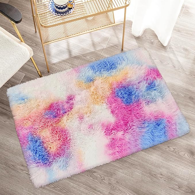 Small Fluffy Colorful Rug for Bedroom Girls 2x3 Mini Kawaii Rainbow Tie Dye Area Rug Fuzzy Unicorn Throw Rug for Living Room Kids Nursery Baby Princess Room Home Decor Aesthetic Carpets