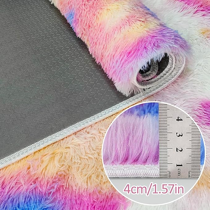 Fluffy Colorful Rug for Bedroom Girls 4x6 Kawaii Rainbow Tie Dye Area Rug Fuzzy Indoor Floor Unicorn Rug for Living Room Kids Nursery Baby Princess Room Dorm Home Decor Aesthetic Carpets