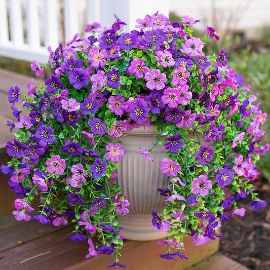 HyeFlora Artificial Flowers for Outdoors Decoration, 2Pcs Dark Purple and Purple Fake Hanging Flowers, UV & Fading Resistant, Faux Decor for Porch Patio Balcony Planter