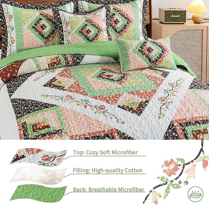 VAPUTAR Quilt King Size Bedding Set - Soft King Size Quilt Set for All Season, Lightweight Reversible Coverlet Bedspread for Farmhouse Bedroom (98 × 106 Inch), Green