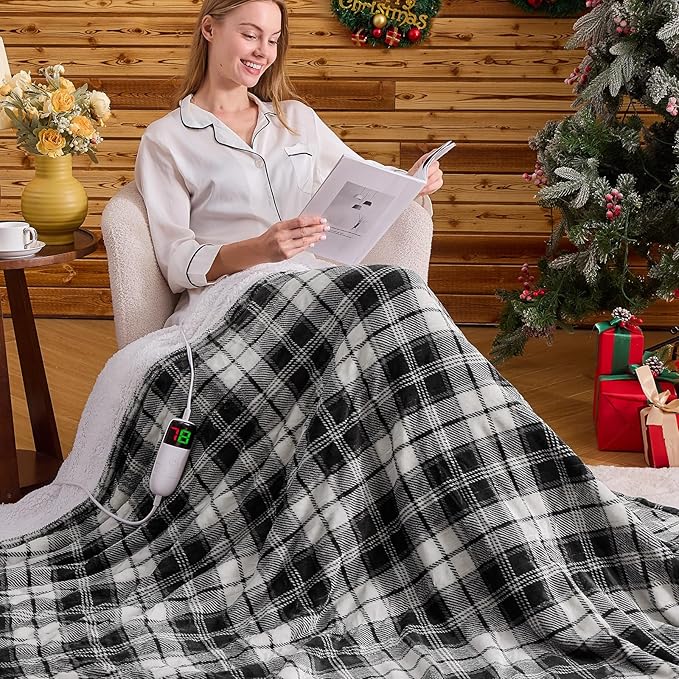 Black Heated Blanket Electric Throw, 50X60 Black Blanket Heating Throw with 10 Heats Levels & 8 Hours Auto Off, Plaid Soft Sherpa Blankets Warmer Gifts for Grandma Women Adults Couch Washable, ETL