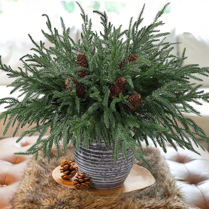 Artificial Christmas Norfolk Pine Stems Branches for Vases,12 Bundles Faux Pine Branches with 5 PCS Big Pinecones Stems Fake Greenery Evergreen Real Touch for Holiday Winter Table Xmas Decor