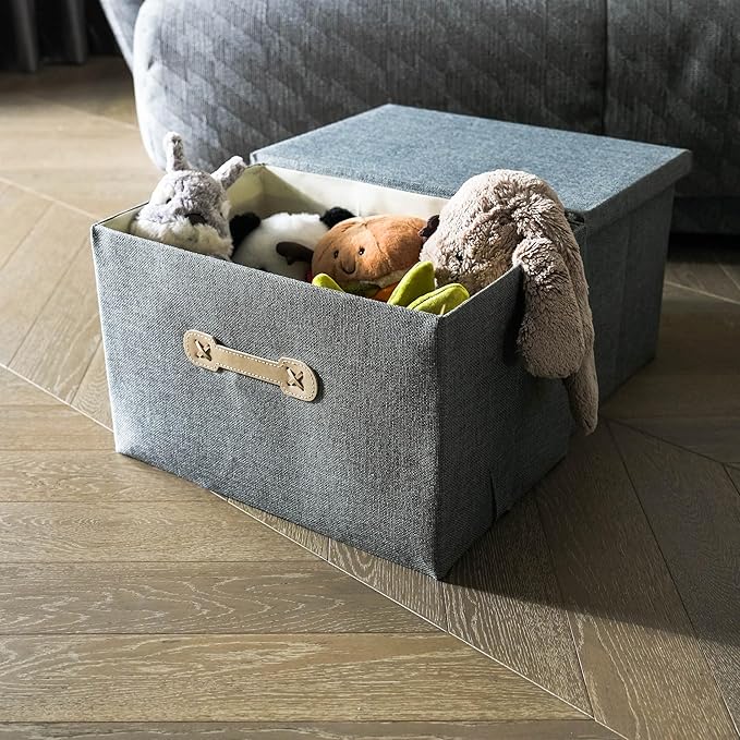 Enzk&Unity Decorative Storage Boxes with Lids, 3 Pack Grey Fabric Storage Bins with Handle, Foldbale and Stackable Storage Boxes for Shelf, Closet, Bedroom, Living Room
