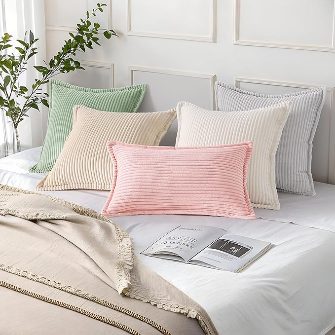 Mecatny Corduroy Throw Pillow Covers 12x20 Set of 2, Neutral Decorative Soft Boho Lumbar Couch Pillow Covers with Broadside for Sofa Living Room, Pink