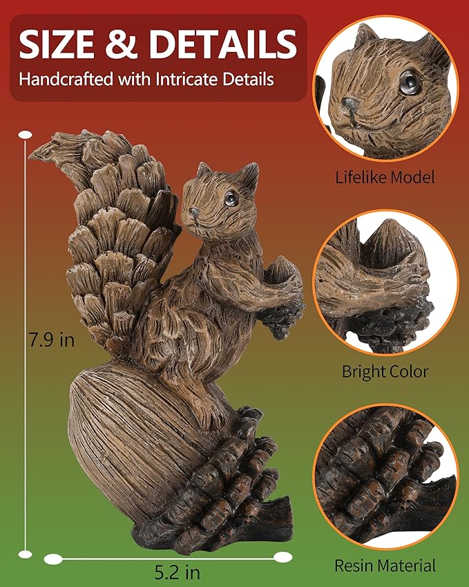 Handcrafted Resin Squirrel Figurine on Pinecone - 8'' Woodland Animals Statue for Spring Summer Decor (Squirrel)