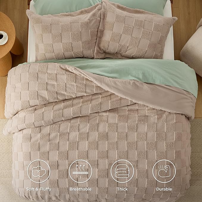 Bedsure California King Size Comforter Set Khaki, Boho Tufted Bed Set, Checkered Farmhouse Shabby Chic Bedding, 3 Pieces, 1 Plaid Geometric Comforter and 2 Pillow Shams