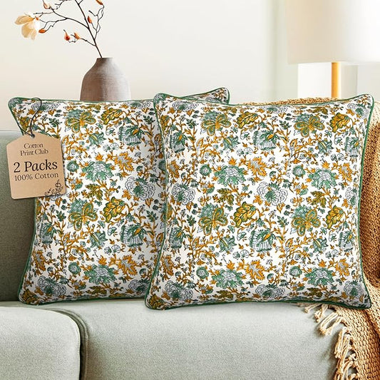 CPC 100% Cotton Throw Pillow Covers 24x24 Inch, Set of 2 Blue Block Print Pattern Couch Pillow, Cute Boho Decorative Pillows for Living Room, Bedroom with Hidden Zipper- Blue Topaz