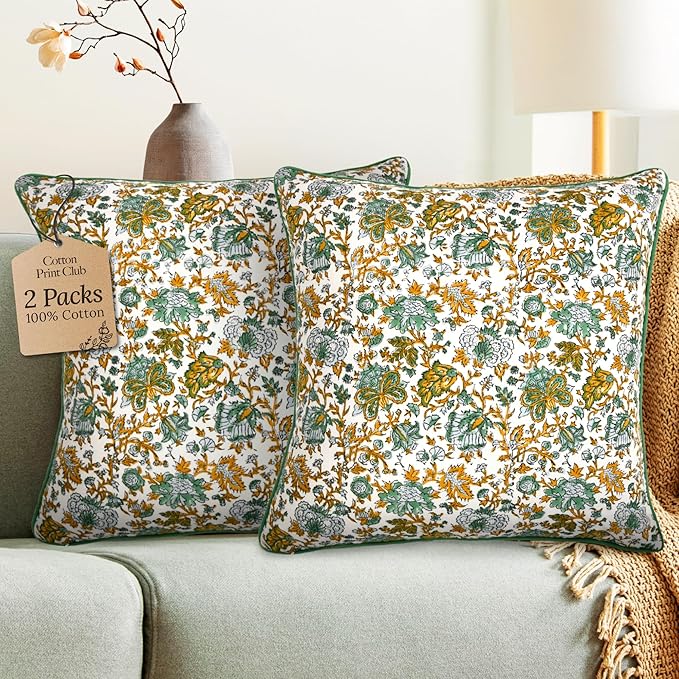 CPC 100% Cotton Throw Pillow Covers 20x20 Inch, Set of 2 Blue Block Print Pattern Couch Pillow, Cute Boho Decorative Pillows for Living Room, Bedroom with Hidden Zipper- Blue Topaz