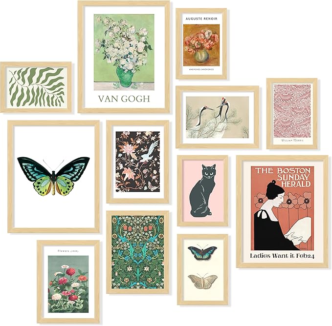 97 Decor Eclectic Wall Art FRAMED - Vintage Boho Wall Decor, Trendy Boho Prints For Wall, Framed Gallery Wall Art Set Dorm Posters For Room Aesthetic Pictures, Maximalist Decorations For Home (BEIGE FRAME)