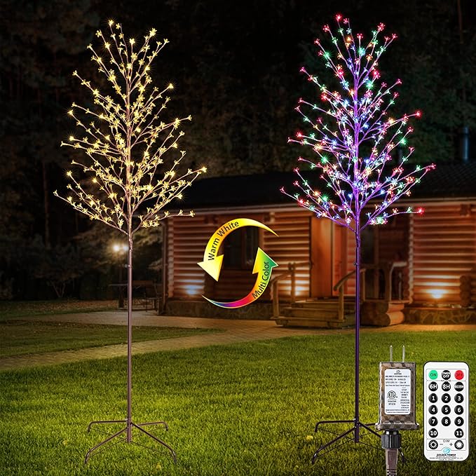 Lomotech Lighted Cherry Blossom Tree - 2 Pack 6Ft Color Changing Artificial Tree with 11 Modes Timer for Indoor Outdoor Party Holiday Christmas Decorations(Warm White to Multicolor)