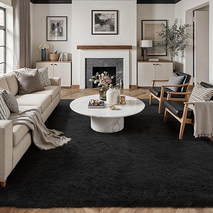 8x10 Area Rug for Living Room, Modern Black Shag Shaggy Plush Carpet Washable Non-Slip Large Rug Super Soft Indoor Fuzzy Fluffy Carpet for Bedroom Home Aesthetic Decor