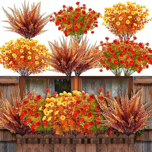 20 Bundles Artificial Fall Flowers for Outdoors Fall Decorations - UV Resistant Fake Mums Faux Fall Plants Plastic Flowers for Gardens Porch Fireplace Patio Home Indoor Autumn Thanksgiving Fall Decor