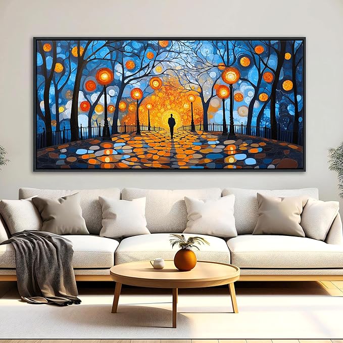 QZQCBLC Large Dark Blue Wall Art, Abstract Night Scene Wall Pictures Orange Light Black Trees Landscape Framed Canvas Paintings Artwork for Living room Bedroom kitchen Home Office Decor 29x58 IN