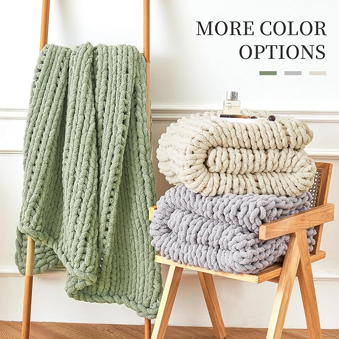 Admitrack Chunky Knit Blanket Throw, 100% Hand Knit Chenille Throw Blanket for Sofa & Home Decor, Soft and Cozy Knitted Throw Blankets (Ivory, 60""x80""), XNR09