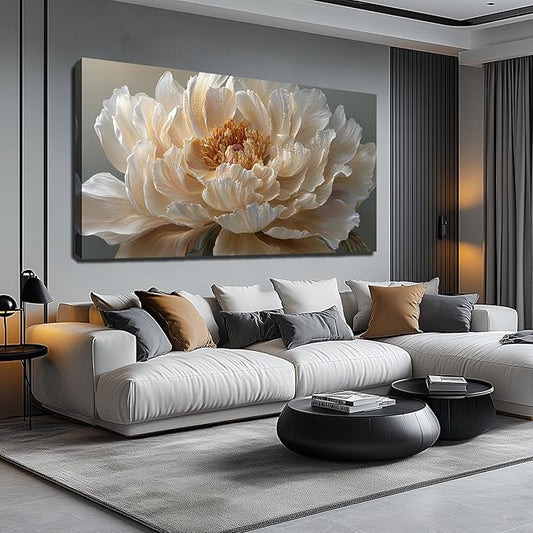 Ouzzlie Large Flower Canvas Wall Art Floral Wall Decor Light Yellow Peony Picture Art for Bedroom Living Room Office Modern Artwork Posters 29" x 59"