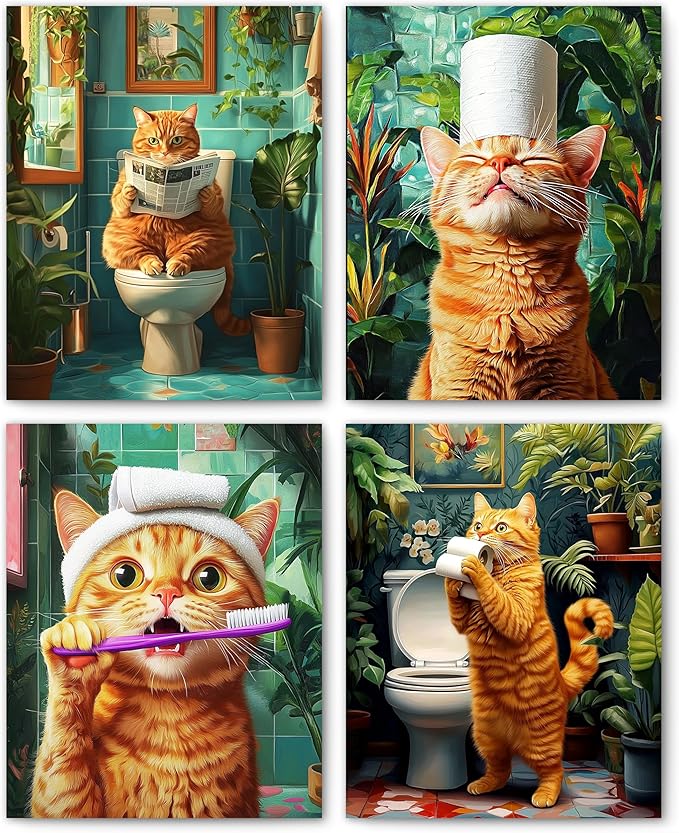 FITIE Funny Orange Cat Bathroom Wall Art Prints Set of 4, Tropical Botanical Funny Orange Cat on Toilet Wall Art Posters for Bathroom Washroom Restroom Decor, 8x10 Unframed