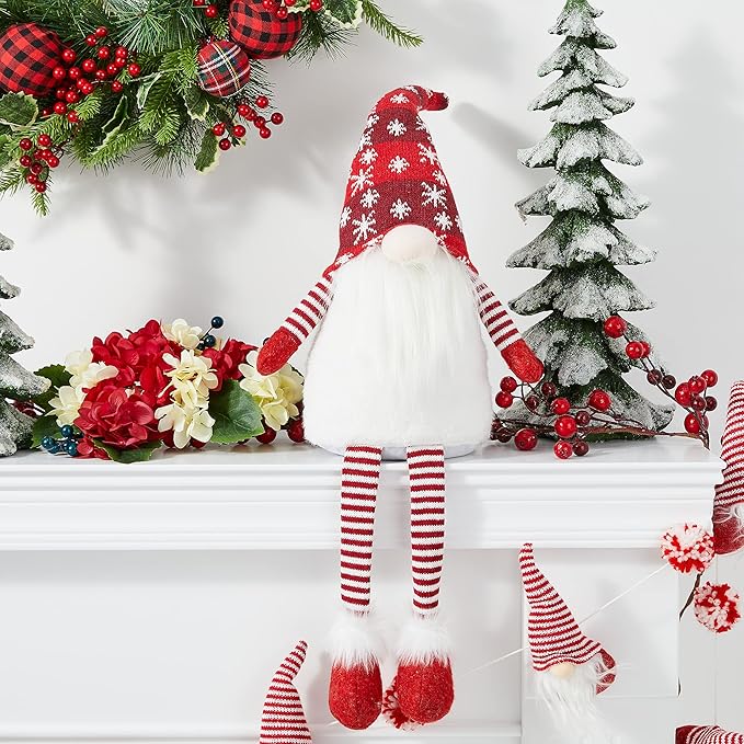 Glitzhome 28" H Fabric Gnome Christmas Decorations with Dangling Legs & Knitted Hat, Plush Gnome Elf Ornaments for Tabletop Party Holiday Decor