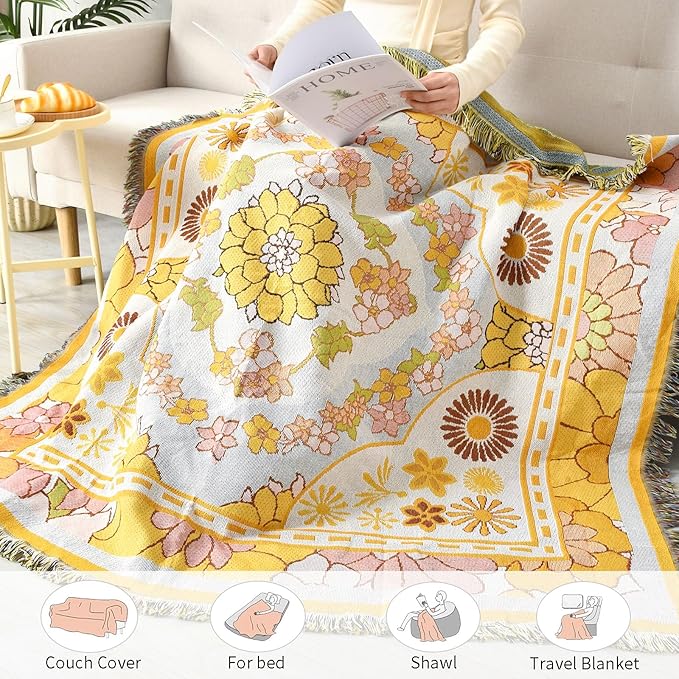 Boho Throw Blanket Reversible Cotton Bohemian Tapestry Hippie Room Decor Outdoor Blanket Double Sided (Boho Yellow Flower 50"x60")