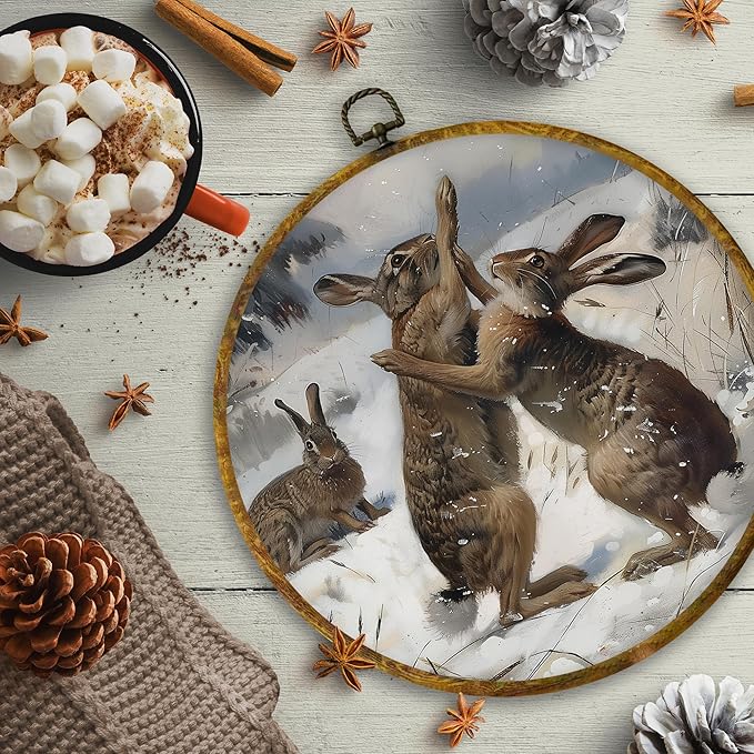 CUANFDDSF Vintage Winter Bunny Round Wall Art Decor, Rustic Cottagecore Rabbit Wall Hanging Frame Decor, Antique Winter Fighting Bunny Canvas Prints Decorations for Home Bedroom, 10x10 Inch