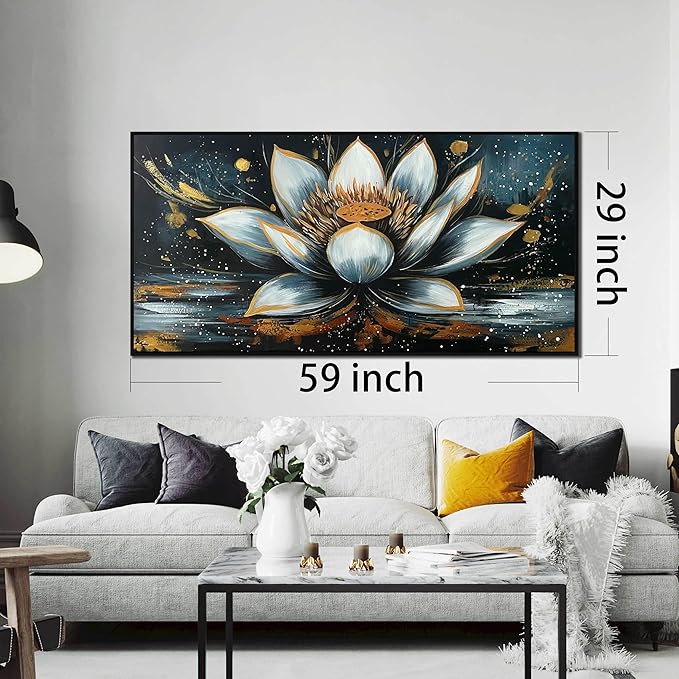 Lotus Flower Hand Painted Wall Art for Bedroom - Black and White Pictures Wall Art for Living Room - Black Framed Wall Art for Office Size 29" x 59"