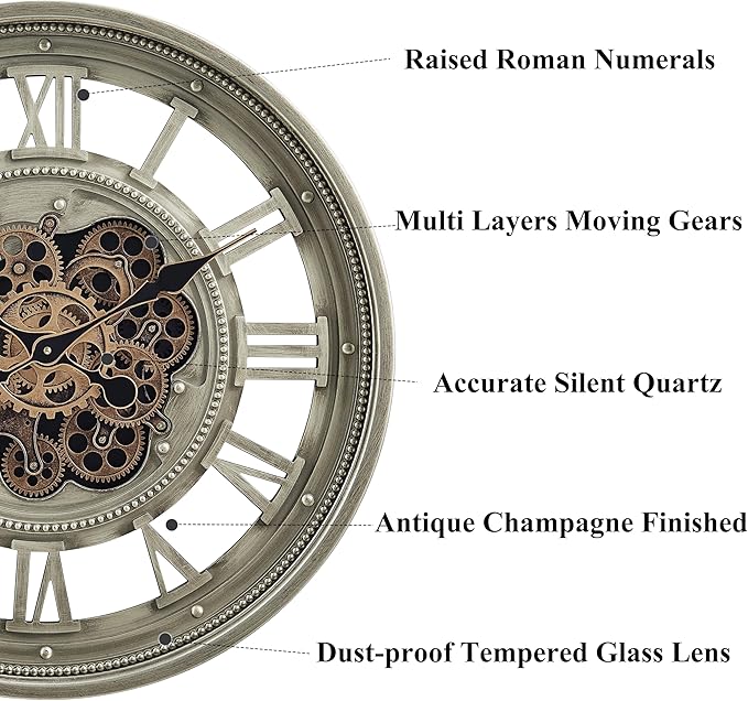 CLXEAST 24 Inch Wall Clock with Moving Gears, Oversized Large Roman Numeral Wall Clocks for Living Room Decor,Antique Champagne Finish,House Warming Gifts New Home