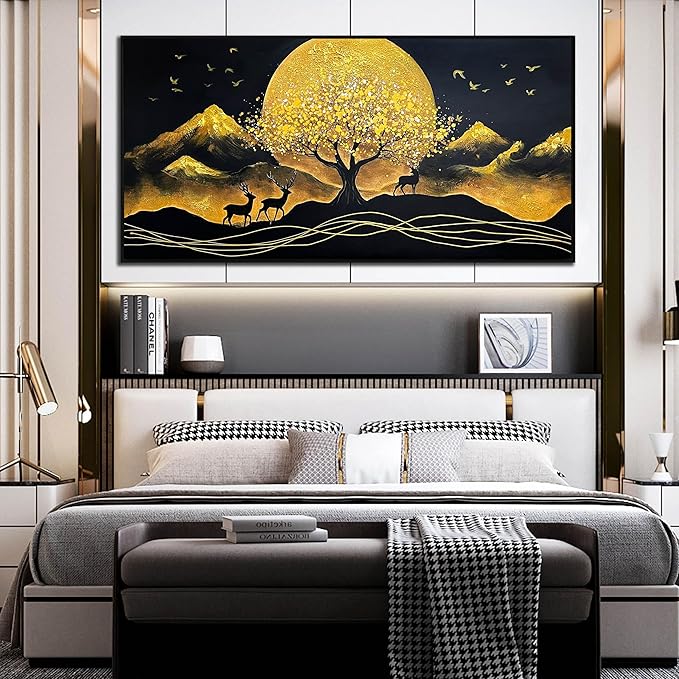 CIRABKY Moon Hand Painted Wall Art for Bedroom - Tree Black and Gold Canvas Wall Decor for Living Room Large Size - Black Frames Artwork Size 29" x 59"