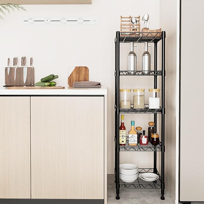 GIOTORENT 5 Tier Standing Shelving Metal Units, Adjustable Height Wire Shelf Display Rack for Laundry Bathroom Kitchen 11.8 W x 11.8 D x 50 H (5-Tier, Black)