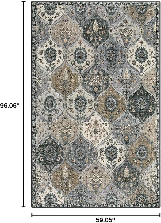 Lahome Moroccan Washable Living Room Rug, 5x8 Rugs for Bedroom Dining Room, Soft Non-Slip Non Shedding Boho Distressed Throw Carpet for Nursery Office, Grey