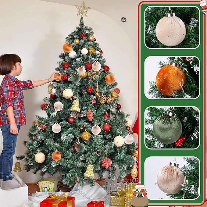 Christmas Tree Ornaments Set Velvet Balls, 15pcs Shatterproof Christmas Bulbs Ornaments for Xmas Tree Decorative Hanging, Vintage Flocked Decoration, 58mm, 2.3in, Multicolor Green Brown Neutral