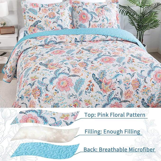 VAPUTAR Garden King Size Bedspread for Adults - Floral Quilt King Size Bedding Set (98 x 106 inch) with 2 Pillow Shams - Lightweight Reversible Coverlet Quilt for Bedroom, 3 Pieces