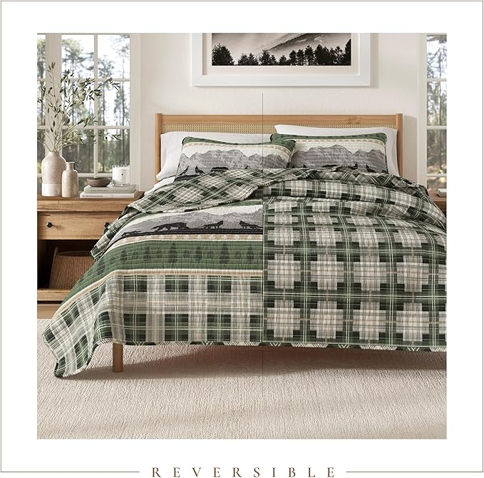 Great Bay Home 2-Piece Reversible Rustic Lodge Bedspread Quilt with 1 Sham. All-Season Quilt Set. (Twin/Twin XL, Salt Creek)