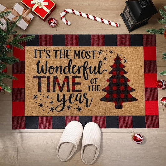 2 Pcs Christmas Tree Door Mat Welcome Non Slip Coir Mats Merry Xmas Black Red Buffalo Plaid Floor Layering Doormats Seasonal for Front Porch Entryway Decor(Christmas Tree)