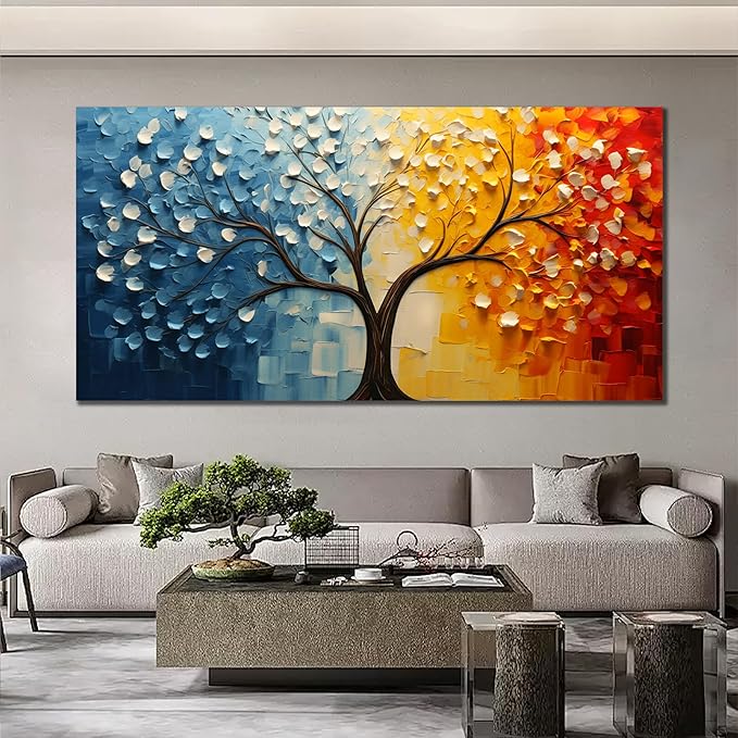 Colorful Tree of Life Wall Art for Living Room Blue and Orange Tree Picture Large Artwork Office Bedroom Canvas Prints Size 29x58