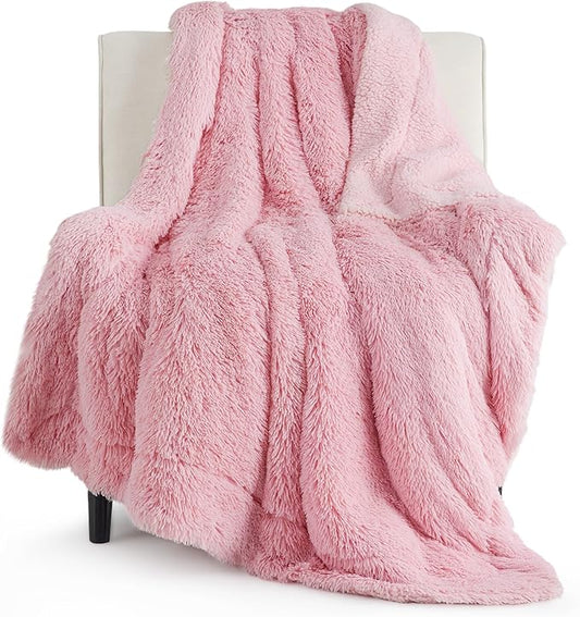 Bedsure GentleSoft Fuzzy Sherpa Faux Fur Twin Blanket Pink Cozy Gifts for Women Men, Soft Fleece Plush Warm Minky Thick Blanket Twin Size for Bed, Couch, Room Dorm Essentials Pink Decor Gifts, 60x80