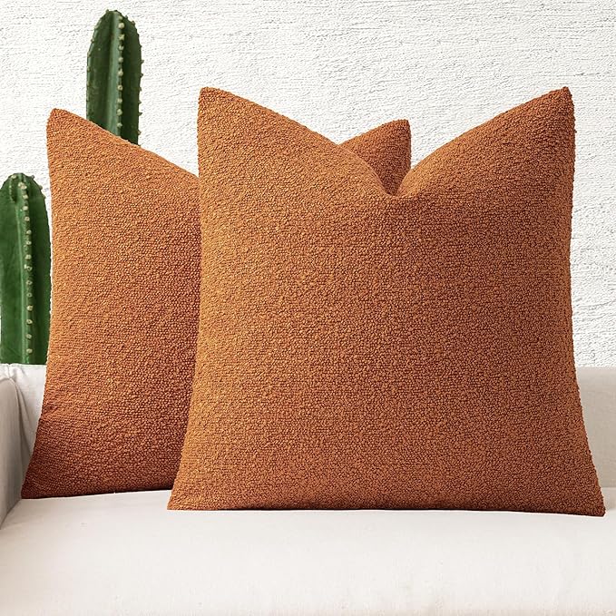 MIULEE Fall 18x18 Inch Decorative Pillow Covers for Couch Bed Set of 2 Textured Boucle Neutral Throw Pillows Orange Accent Solid Cushion Pillowcase Cozy Soft Sofa Livingroom Home Decor