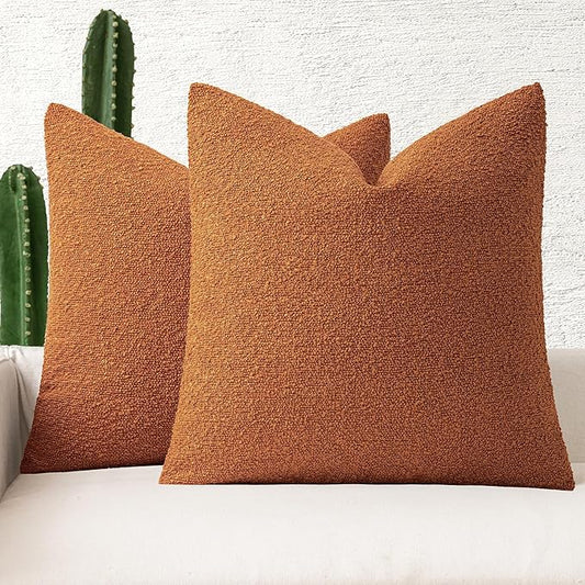 MIULEE Fall 18x18 Inch Decorative Pillow Covers for Couch Bed Set of 2 Textured Boucle Neutral Throw Pillows Orange Accent Solid Cushion Pillowcase Cozy Soft Sofa Livingroom Home Decor