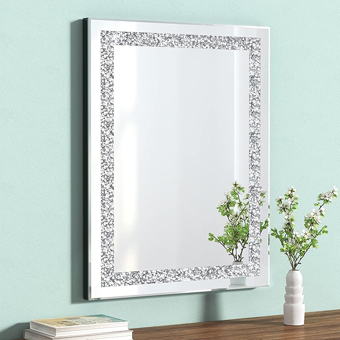 Crystal Decorative Mirror-16 x20 Rectangle Gorgeous Silver Mirror, Crush Diamond Mirror for Wall Decoration Bedroom, Hallway, Dining Room