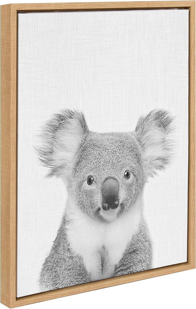 Kate and Laurel Sylvie Koala Bear Black and White Portrait Framed Canvas Wall Art by Simon Te Tai, 18x24 Natural