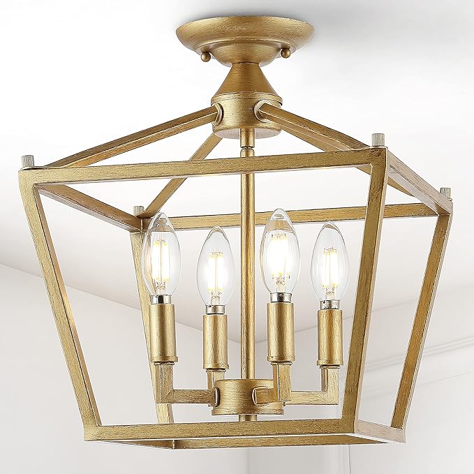 JONATHAN Y JYL7610B Plains Mini Lantern 12" 4-Light Iron Modern Farmhouse LED Flush Mount, Rustic, Industrial, Dimmable, 2700K Cozy Warm Light Kitchen, Hallway, Bathroom, Stairwell, Brass Gold