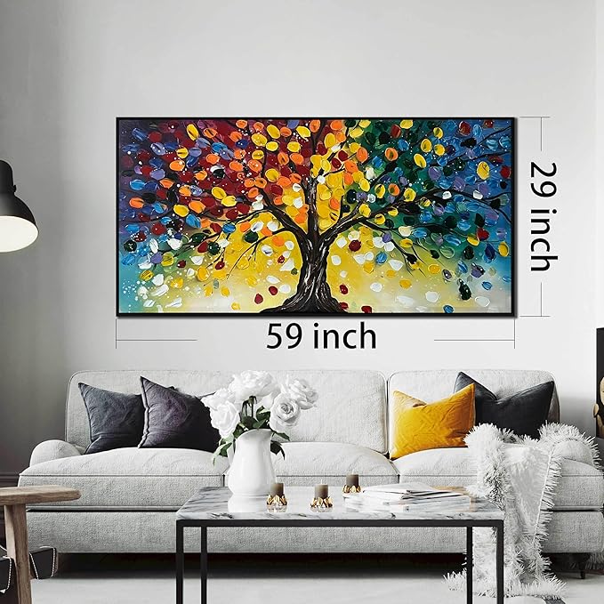 Tree Painting Large Wall Decor for Living Room - Colorful Hand Painted Wall Art for Bedroom - Black Framed Canvas Wall Art Size 29" x 59"