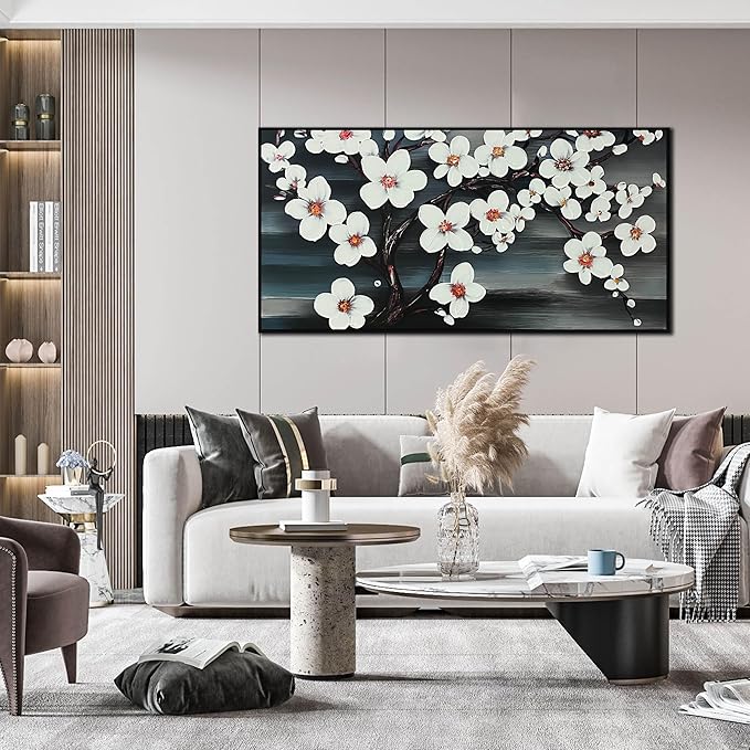 Hand Painted Flower Painting Wall Art for Bedroom - Framed Wall Art for Kitchen Dining Room Wall Decor - Modern House Decor for Women Size 29" x 59"