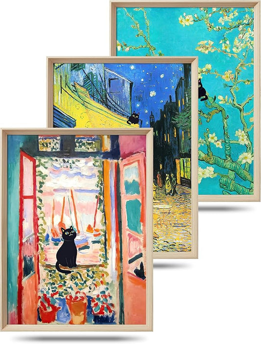 UPWOIGH 12"x16" Wood Framed Wall Art, Black Cats Canvas Wall Decor, Set of 3, Henri Matisse and Van Gogh Prints Poster, Funny Cute Animal Pictures for Living Room, Bathroom, Gifts