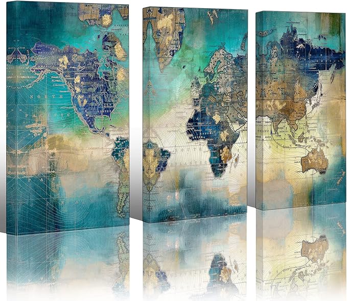 Pogusmavi Canvas Wall Art for Living Room - World Map Wall Decor - Large Wall Art for Bedroom - Office Artwork - Map Wall Art 16"x32" 3 Piece Canvas Wall Art