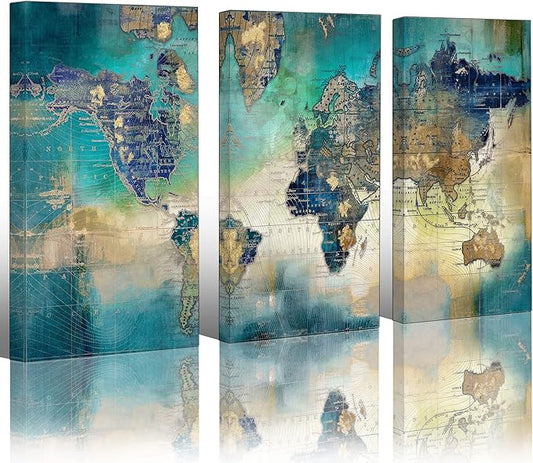Pogusmavi Canvas Wall Art for Living Room - World Map Wall Decor - Large Wall Art for Bedroom - Office Artwork - Map Wall Art 16"x32" 3 Piece Canvas Wall Art