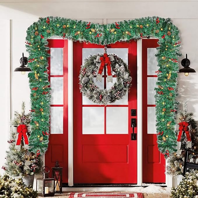 9 Foot Christmas Lighted Garland, Battery Operated Christmas Garland with Lights, Pre Lit Garland Wreath for Indoor Home Winter Holiday New Year Xmas Decorations