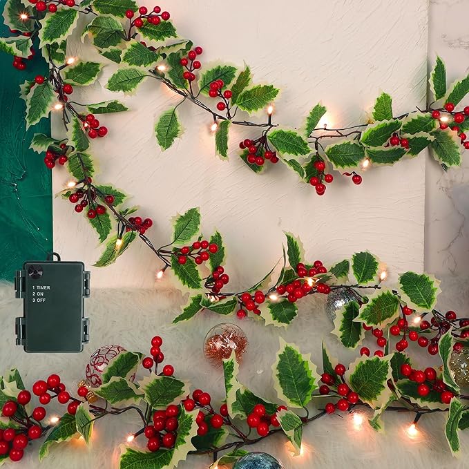 Juegoal Christmas Garland, 9FT Pre-lit Red Berries & Holly Leaves Garlands, Artificial Lighted Berry Garland Battery Operated with Timer, Indoor Outdoor Xmas Fireplace Gate Home Winter New Year Decor