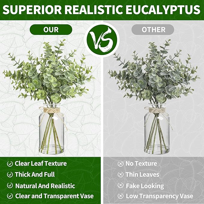 12" Artificial Eucalyptus Stems in Glass Vase with Faux Water, Realistic Eucalyptus Leaves Fake Plant Branch Greenery Decoration for Home Farmhouse Bathroom Kitchen Wedding Centerpiece Table Décor